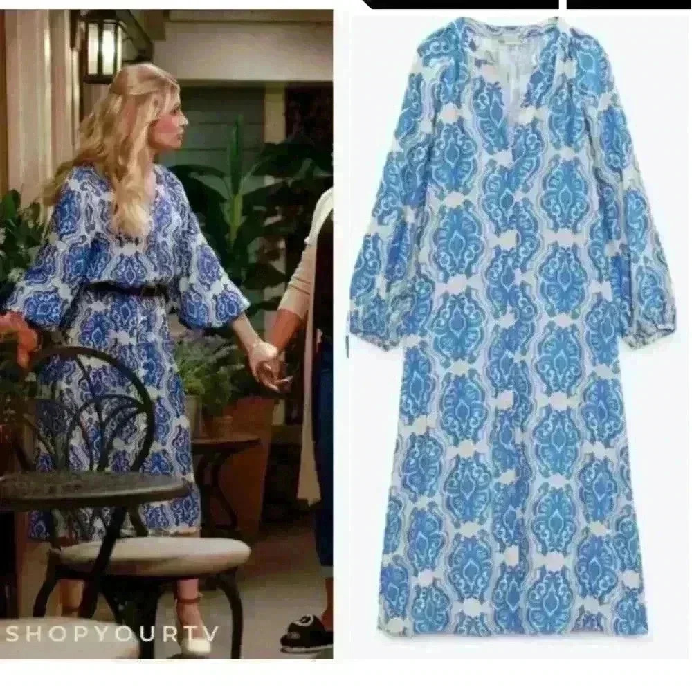 Zara worn on tv blue and white dress